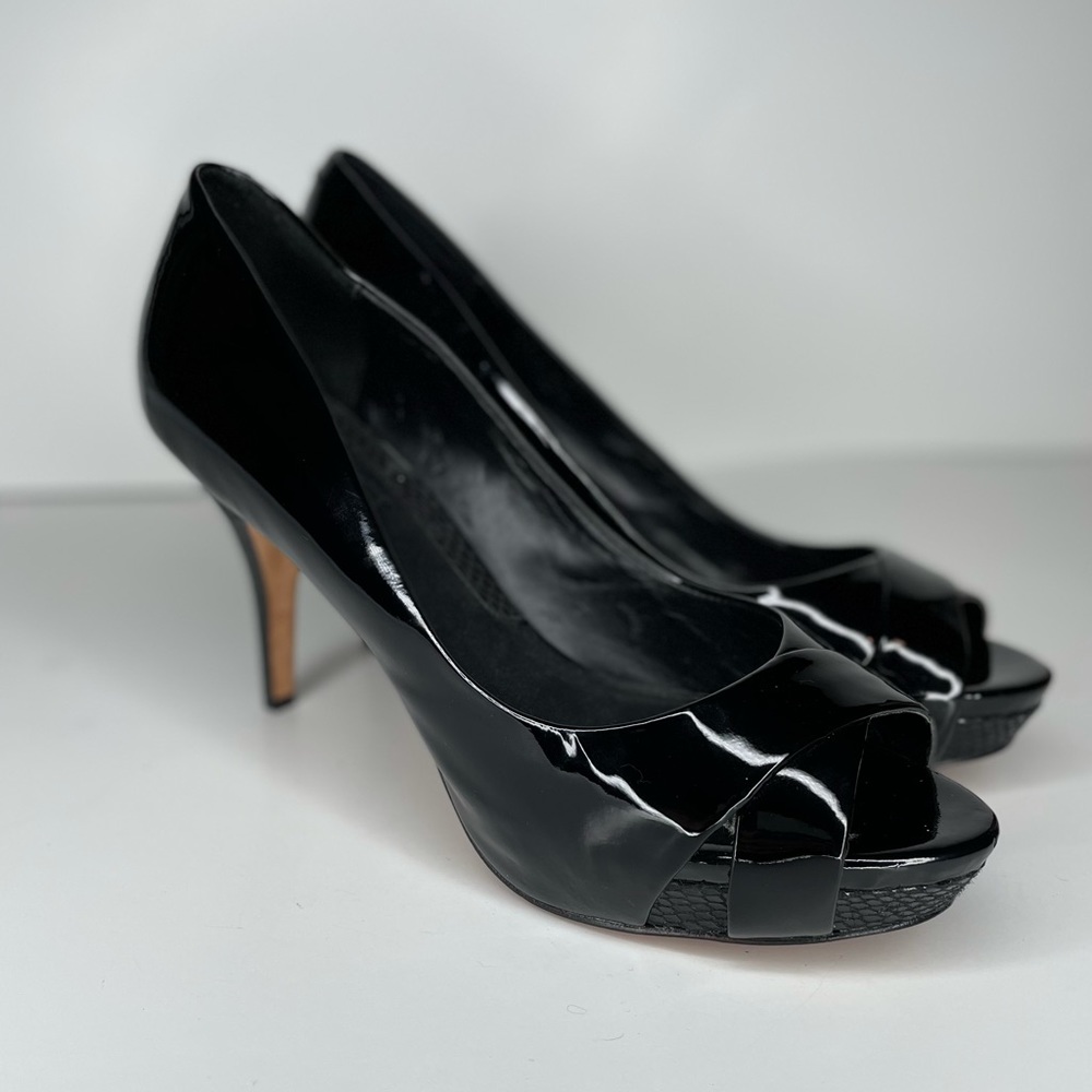 WHBM Peep Toe Platform Heels Patent Black